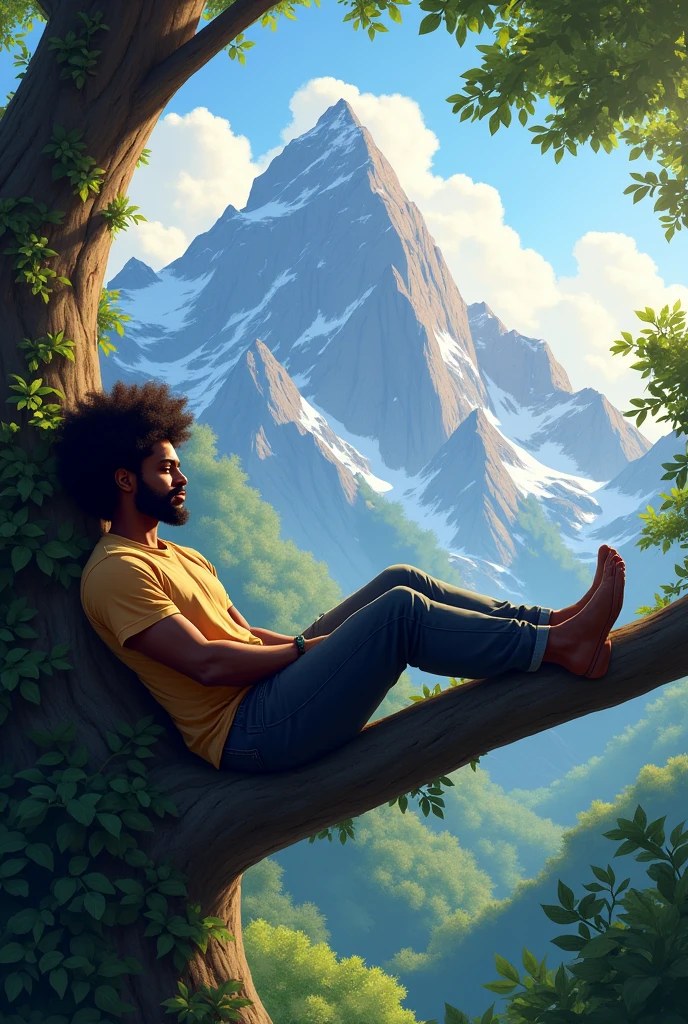 A black afro man relaxing on a branch of tree near the mountain Facing me