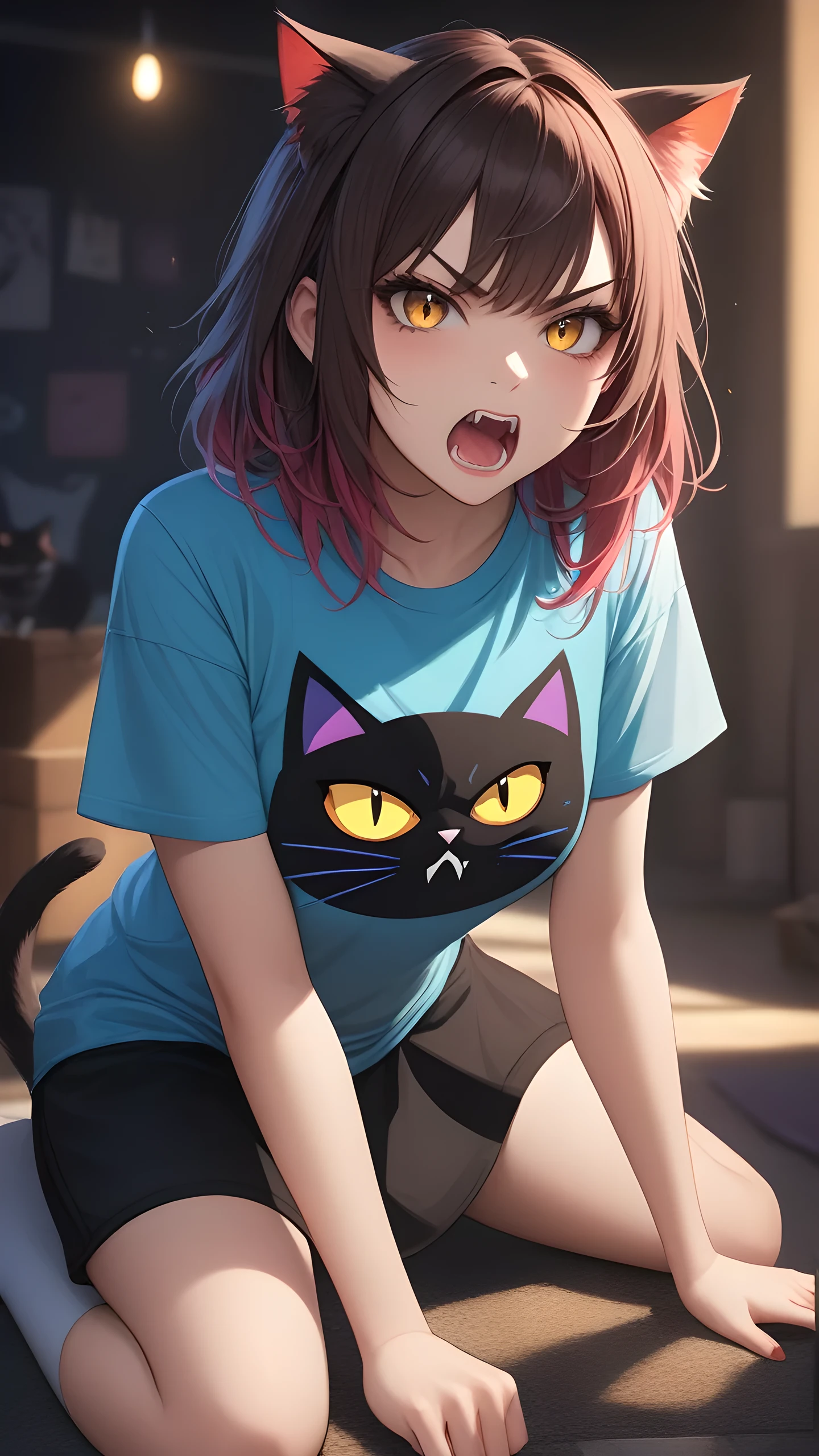 A highly detailed  1girl, fangs, detailed eyes and face, angry expression, cat girl, big size t-shirt, cat pose colors,studio lighting,concept art, masterpiece, best quality 