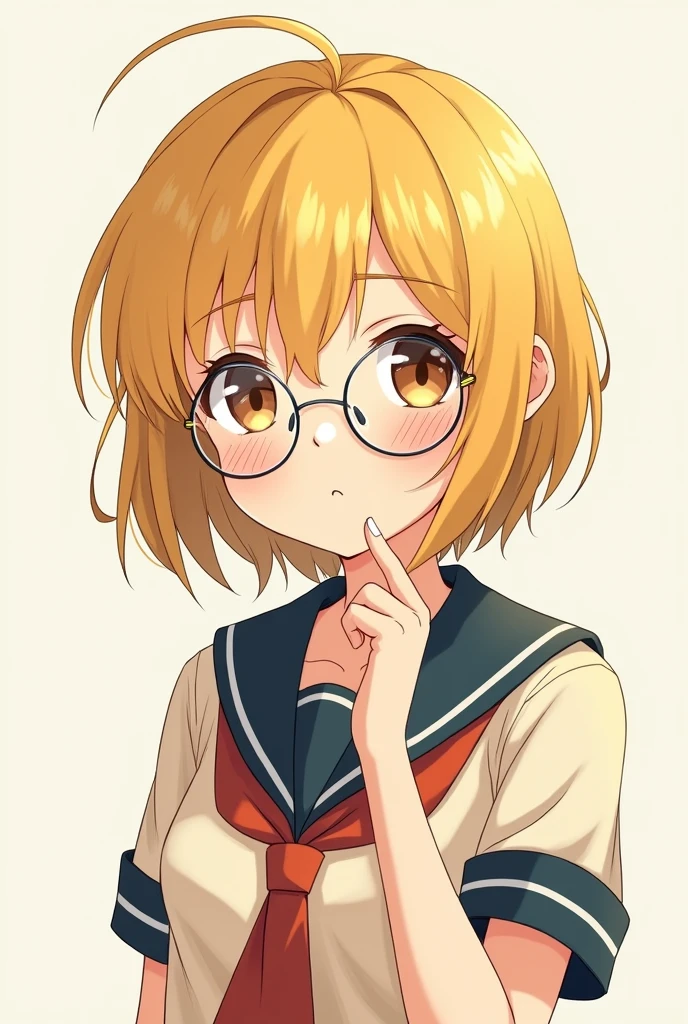anime character. nerdy girl, with short hair, yellow color and with bangs, round glasses, school outfit, Brown eyes, thin and