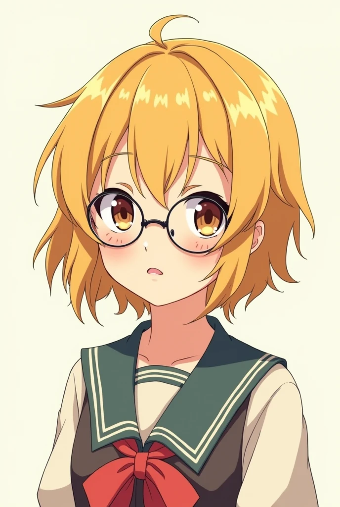 anime character. nerdy girl, with short hair, yellow color and with bangs, round glasses, school outfit, Brown eyes, thin and 