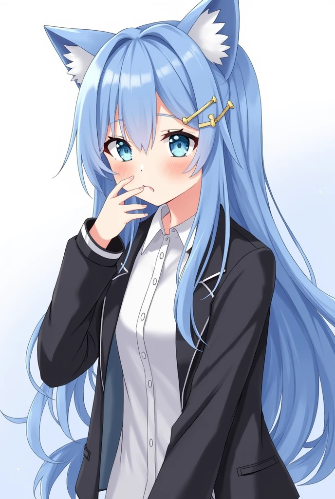 One girl, Animal ears, blue eyes, Long Hair, Blue Hair, Long sleeve, bangs, Cat ear, Upper Body, Focus Only, hair ornaments, Sleeves are longer than the wrist, blush, White Background, collared shirt, Simple Background, shirt, View your viewers, Jacket, black Jacket, One side up, Hair between the eyes, Slope, ;3, Slope background, Blue background, Oral sex,Blowjob,nsfw,Sperm on face,Open your mouth,saliva,In heat,Porn,Licking the penis,Sexual expressions,Ecstatic,Lewd expression,Sexy cumshot