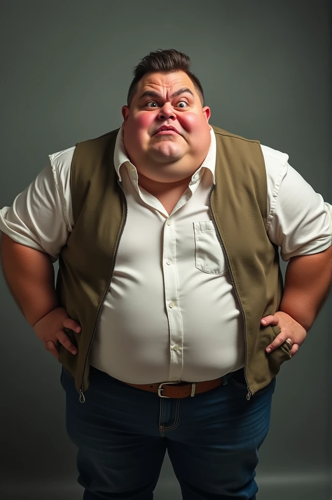 An obese man wearing decent clothes with  a big forehead animated a bit frustrated and angry

