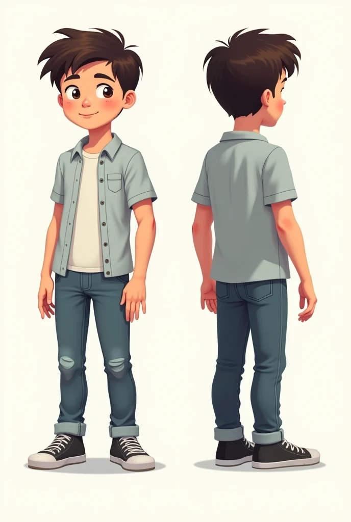 Charater model sheet of boy in 4 views of fullbody ; front view, back view, side view, three fourth view