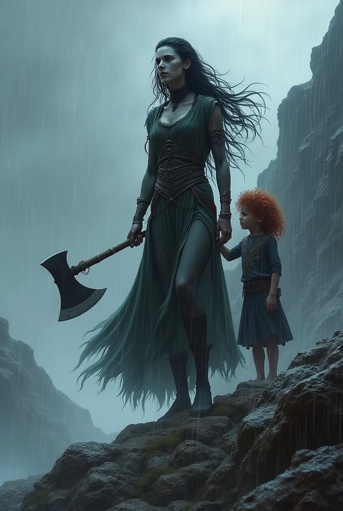 On a mountain, in rainy weather, a woman with very long black hair and white skin and an axe in her hands and behind her stands a with curly red hair