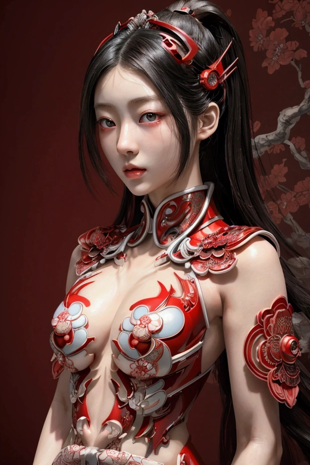 (high quality), (masterpiece), (detailed), 8K, Hyper-realistic illustration depicts (Japanese girl1.3) with porcelain skin and (vibrant red eyes1.2) dressed in (intricately designed cyber attire1.2), showcasing (exquisite upper body details1.2) with subtle (shading and texture1.2). In style of sexy girl.