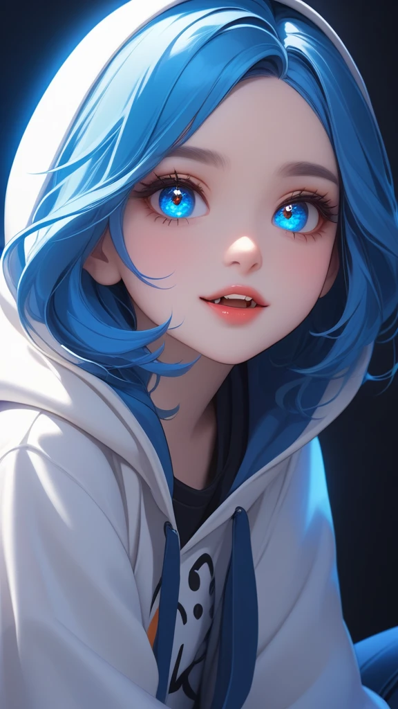 A highly detailed 1girl, beautiful detailed eyes, beautiful detailed lips, fangs, detailed eyes and face, long eyelashes, cute expression, 6 year girl, big size white hodie, sit pose, blue ayes glow, blue hair, shortcuts,studio lighting,concept art