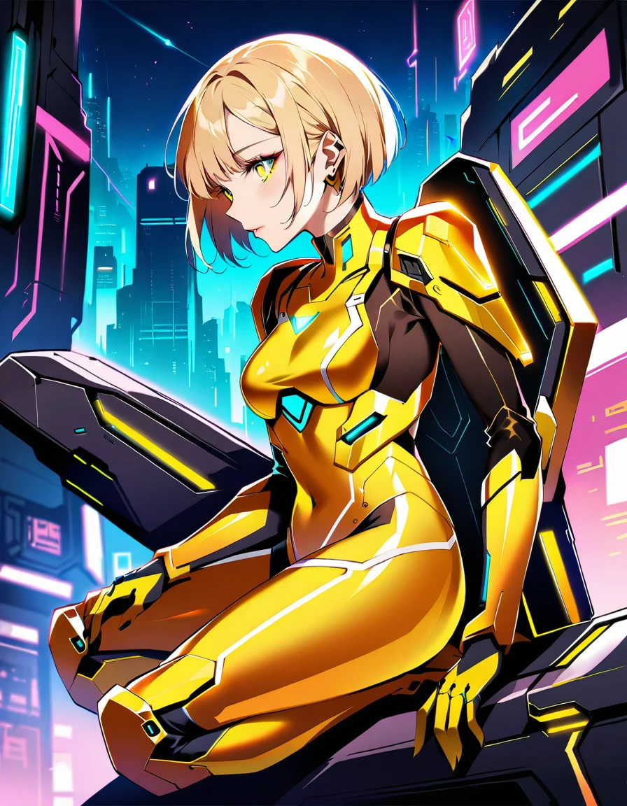 Sci-fi, cyberpunk, neon, near-future, dystopia, A beautiful woman wearing a full-face mechanical powered suit that shines dazzlingly with a golden metallic sheen from head to toe.