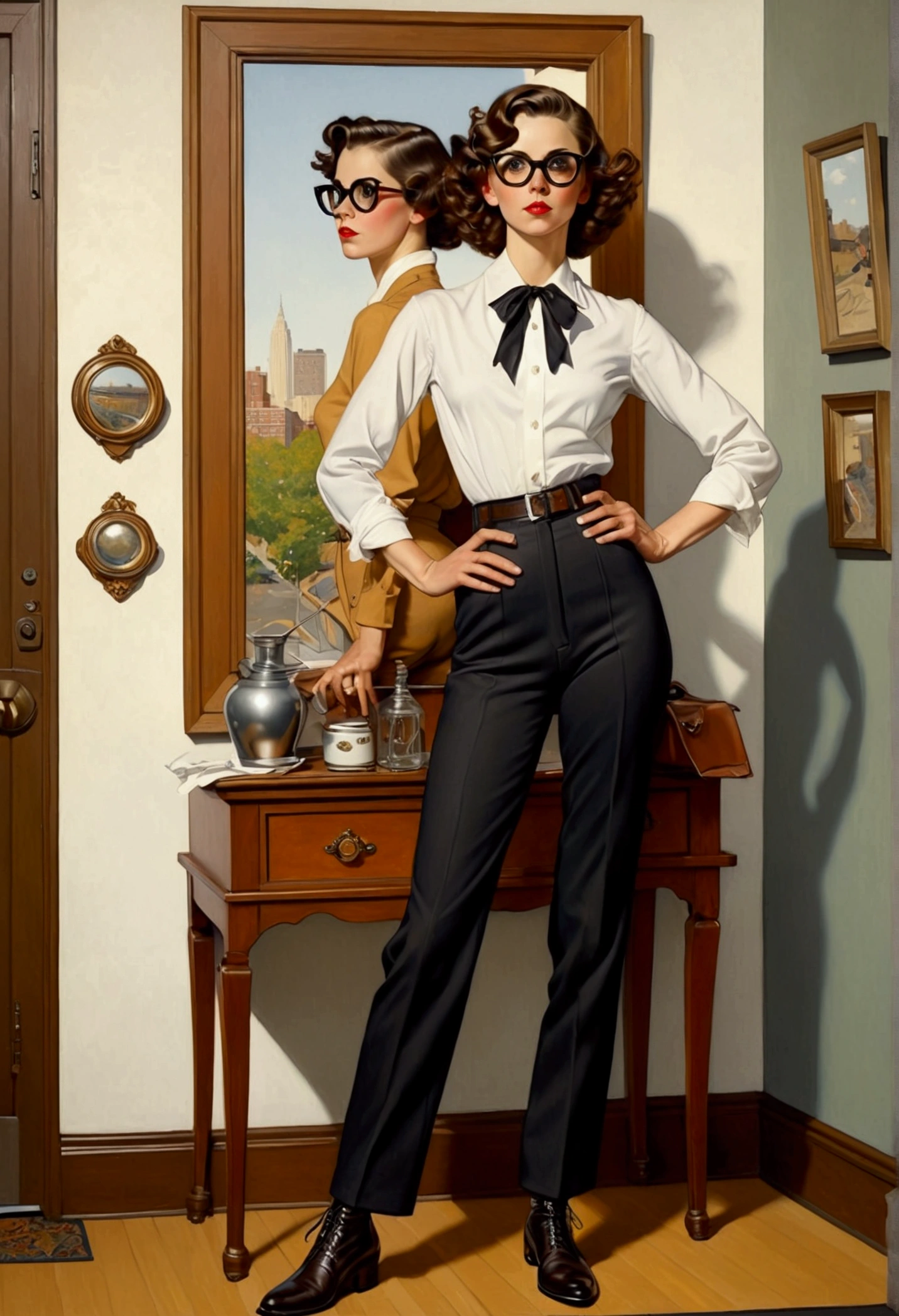 illustration peinture dans le style de Norman Rockwell d'un beau mannequin aux cheveux bruns courts seins nus et un pantalon en cuir cameltoe lunettes de soleil bottes noires mains derrière la tête