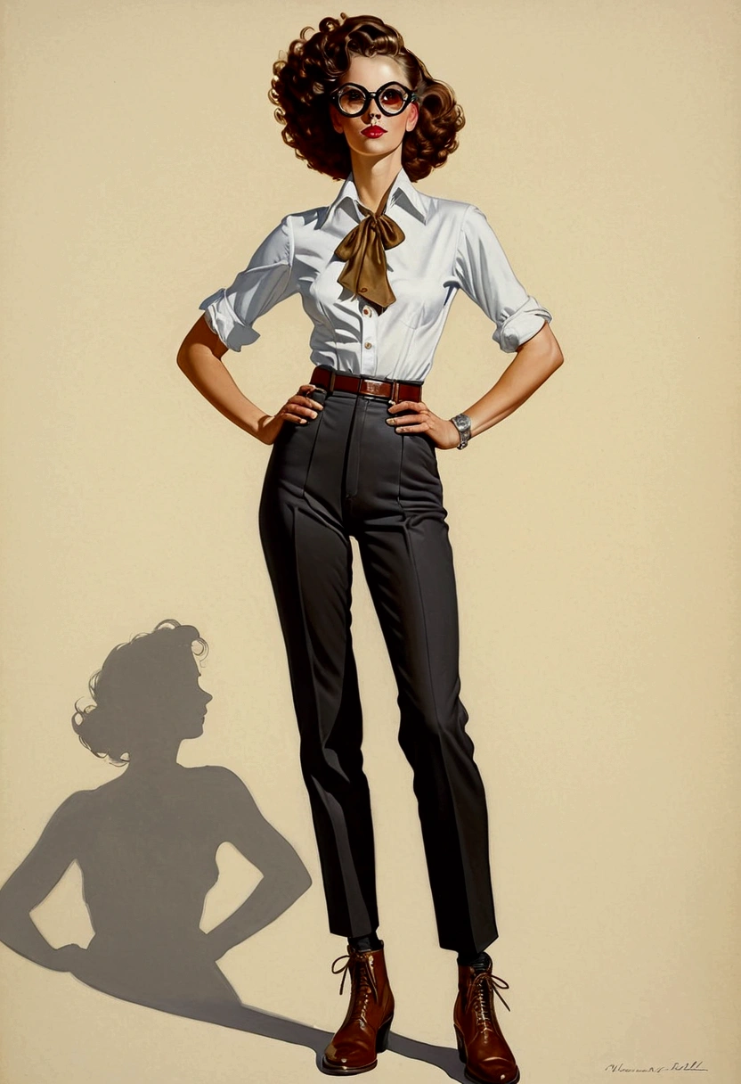 illustration peinture dans le style de Norman Rockwell d'un beau mannequin aux cheveux bruns courts seins nus et un pantalon en cuir cameltoe lunettes de soleil bottes noires mains derrière la tête
