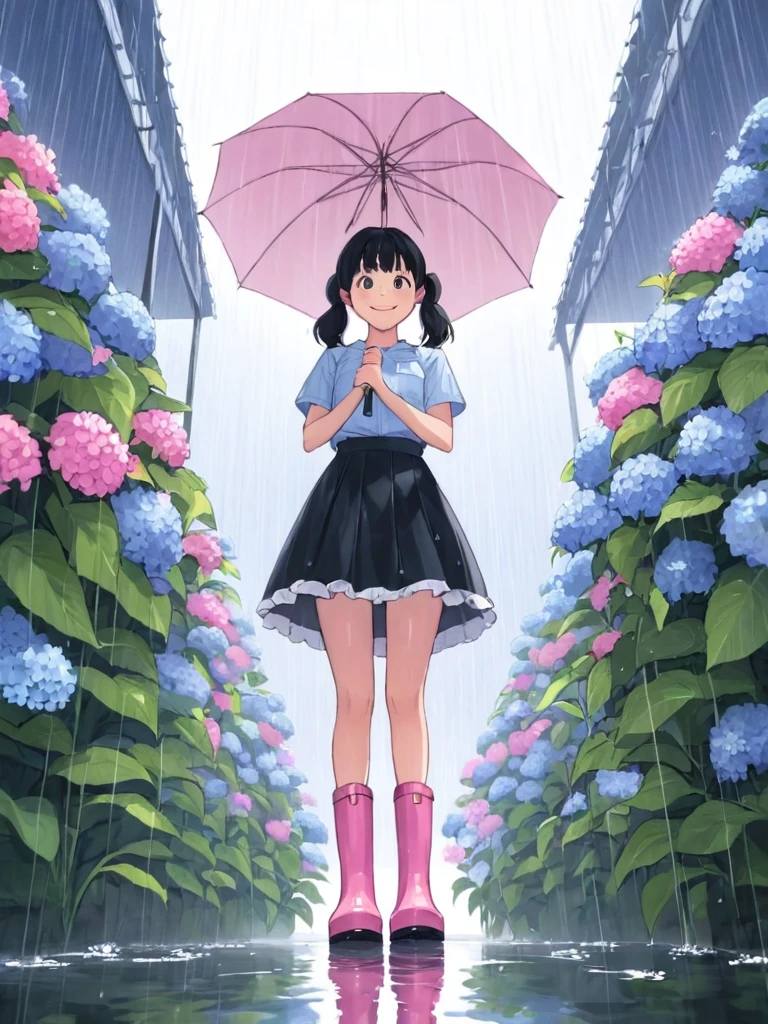 One Girl,alone,umbrella,rubber boots,flower,closed umbrella,boots,Black Hair,skirt,rain,iris,Twin tails,Long Hair,From below,smile,Hydrangea,stage,View your audience,Pink footwear,Outdoor,water,Place your arms behind your back,shirt,Short sleeve,Are standing,bangs,black skirt,plant,Looking down,waterたまり,Holding,snails,frilled skirt,Frills,whole body,