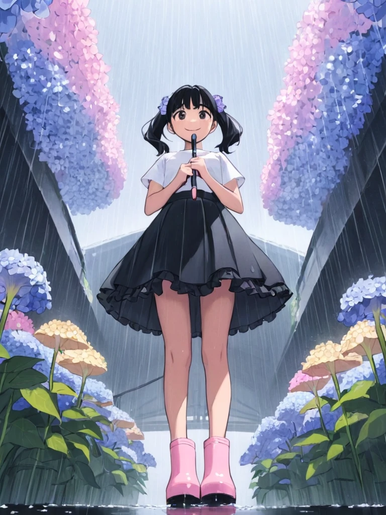 One Girl,alone,umbrella,rubber boots,flower,closed umbrella,boots,Black Hair,skirt,rain,iris,Twin tails,Long Hair,From below,smile,Hydrangea,stage,View your audience,Pink footwear,Outdoor,water,Place your arms behind your back,shirt,Short sleeve,Are standing,bangs,black skirt,plant,Looking down,waterたまり,Holding,snails,frilled skirt,Frills,whole body,