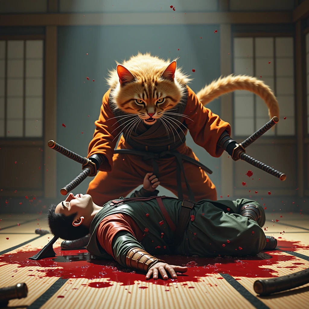 Samurai cat kills his human samurai master, blood everywhere, scene from movie