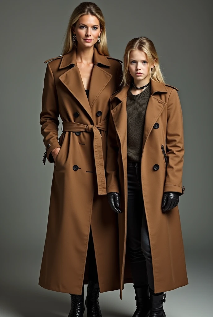 Heidi Klum and her doughter in brown Trenchcoat with ear rings gloves and boots