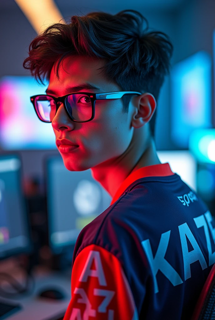 A young man gamer wearing esports jersy with eye glasses and a name "K A Z E" at the back.