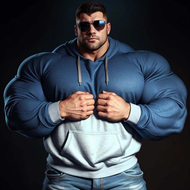 brutalmass, upshot pecs, a very handsome young man, sunglasses, wearing a blue shirt, exaggeratedly muscular, on a white background