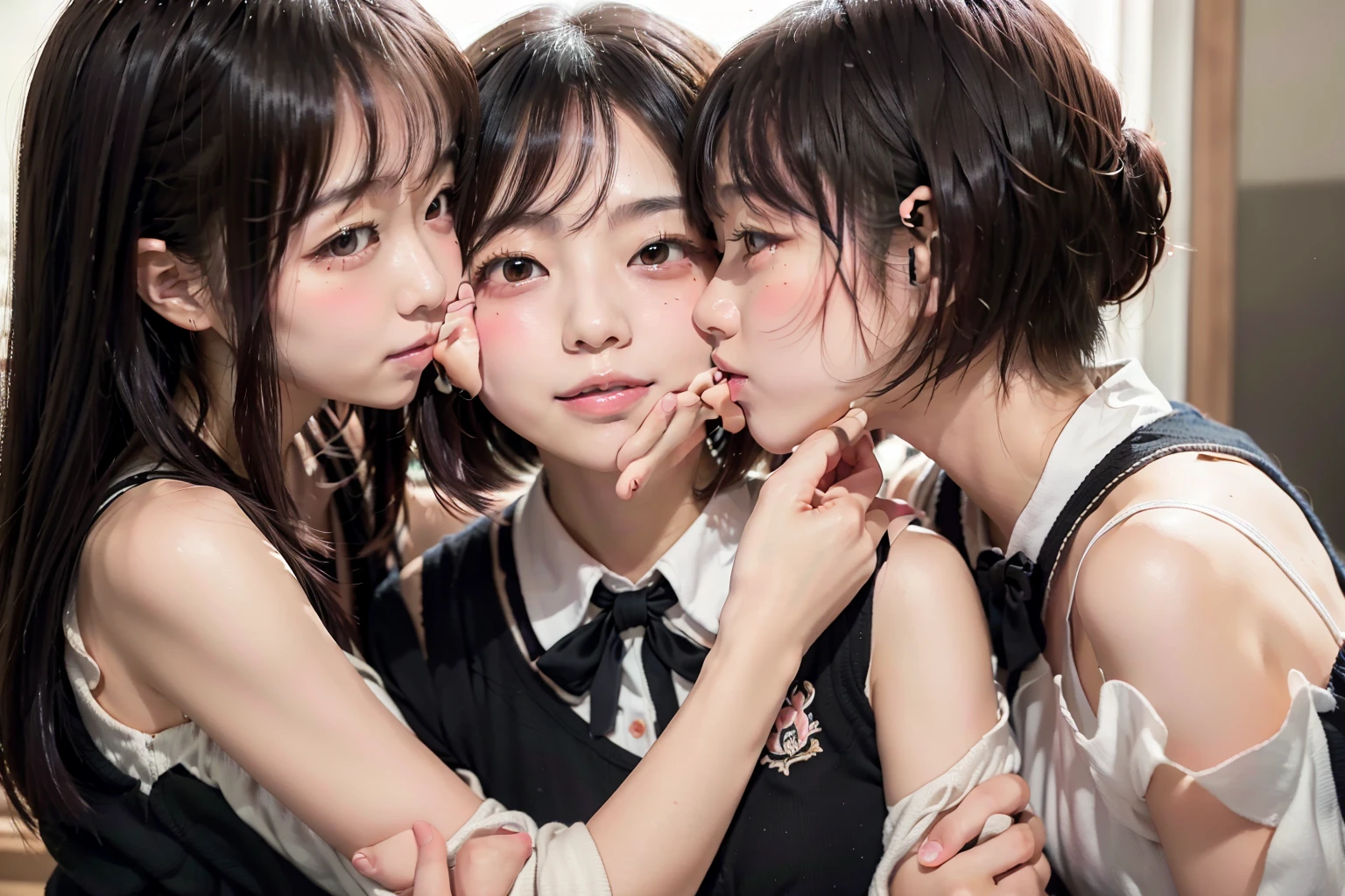 8k,masterpiece,Japanese,best quality, three schoolgirls, (kissing:1.5), (disgust:1,2), (blush:1.4), (breasts:1.1)