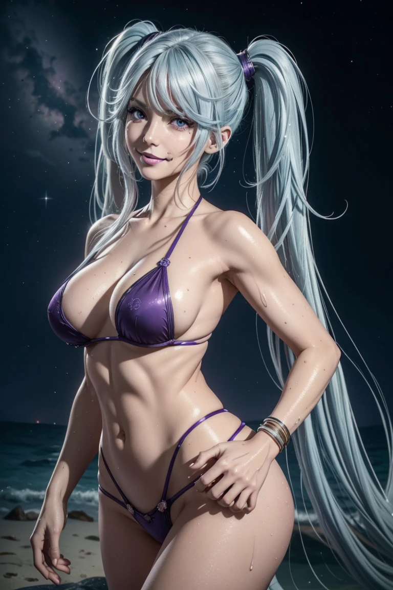 I want to be a powerful figure behind the scenes!,Epsilon,Silver blue hair,long hair,Twin tails,Aligned bangs,Beautiful purple eyes,Beautiful white skin,Photorealistic,Ultra HD,high quality,masterpiece,Digital SLR,Detailed details,Intricate details,Anatomical basis,Depicted in detail,A detailed face,Realistic skin texture,Vivid details,Perfect Anatomy,Perfect Anatomy,Anatomically correct hand,Anatomically correct fingers,Super Detail,Complex 3D rendering,Sexy pose,tail,Wet,Beautiful night sky,A beach with a beautiful starry sky,Fantasy worldview,Picturesque,Pink Lips,smile,