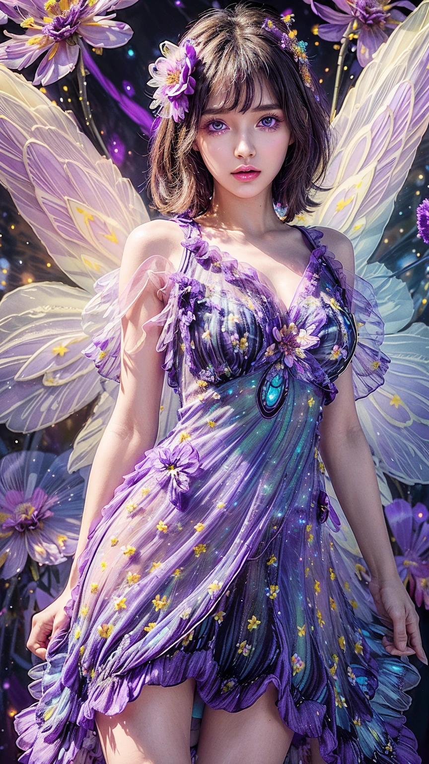 4k ultra hd, masterpiece, a girl, good face, detailed eyes, detailed lips, flower fairy girl, big wings, transparent wings, neon lights, (galaxy background:1.5), (flower dress:1.8), (purple dress:1.5), in the heaven,