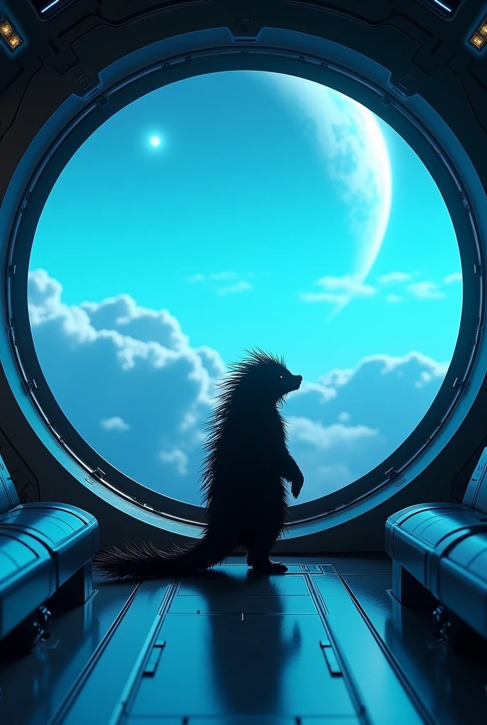 Silhouette of a porcupine inside a ship leaving a futuristic blue planet
