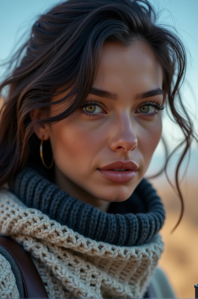 ((long shot)) brunette influencer with long, naturally wavy hair, green eyes, sexly, big , enjoying a coffee in the mountains, elegant and modern look, relaxing, Calm, extravagant , 8k, extremely detail, photorealestic, Details Complicated, Realistic skin texture, realistic hair, Textur, Happy, 8K UHD, best quality, High resolution, attention to details, very large , long shot, wide angle,(big boobs)
