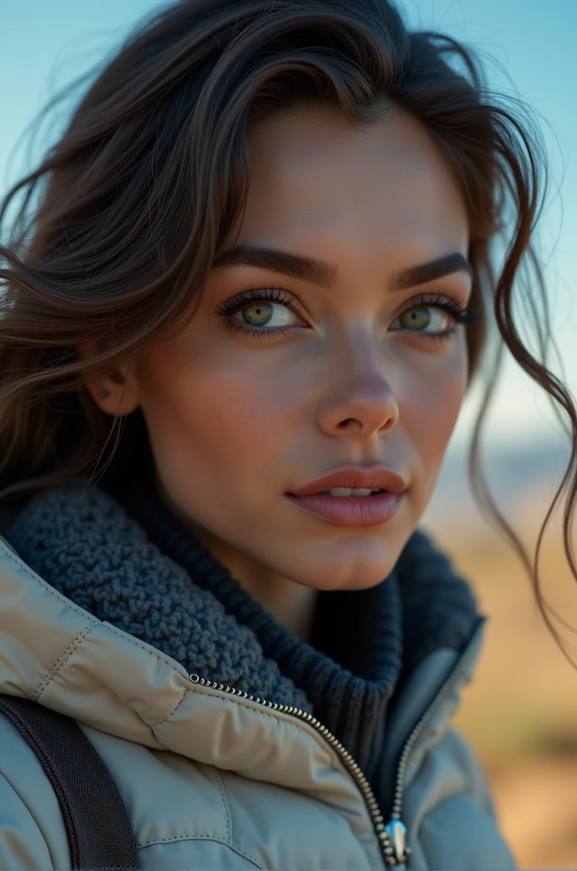((long shot)) brunette influencer with long, naturally wavy hair, green eyes, sexly, big , enjoying a coffee in the mountains, elegant and modern look, relaxing, Calm, extravagant , 8k, extremely detail, photorealestic, Details Complicated, Realistic skin texture, realistic hair, Textur, Happy, 8K UHD, best quality, High resolution, attention to details, very large , long shot, wide angle,(big boobs)