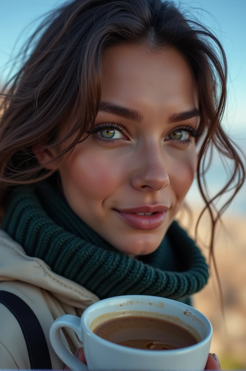 ((long shot)) brunette influencer with long, naturally wavy hair, green eyes, sexly, big , enjoying a coffee in the mountains, elegant and modern look, relaxing, Calm, extravagant , 8k, extremely detail, photorealestic, Details Complicated, Realistic skin texture, realistic hair, Textur, Happy, 8K UHD, best quality, High resolution, attention to details, very large , long shot, wide angle,(big boobs)