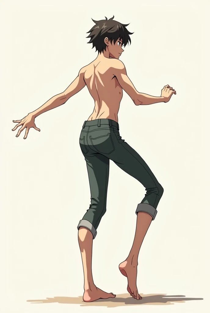 the guy stands in an unusual dynamic pose,he is slightly skinny in anime style