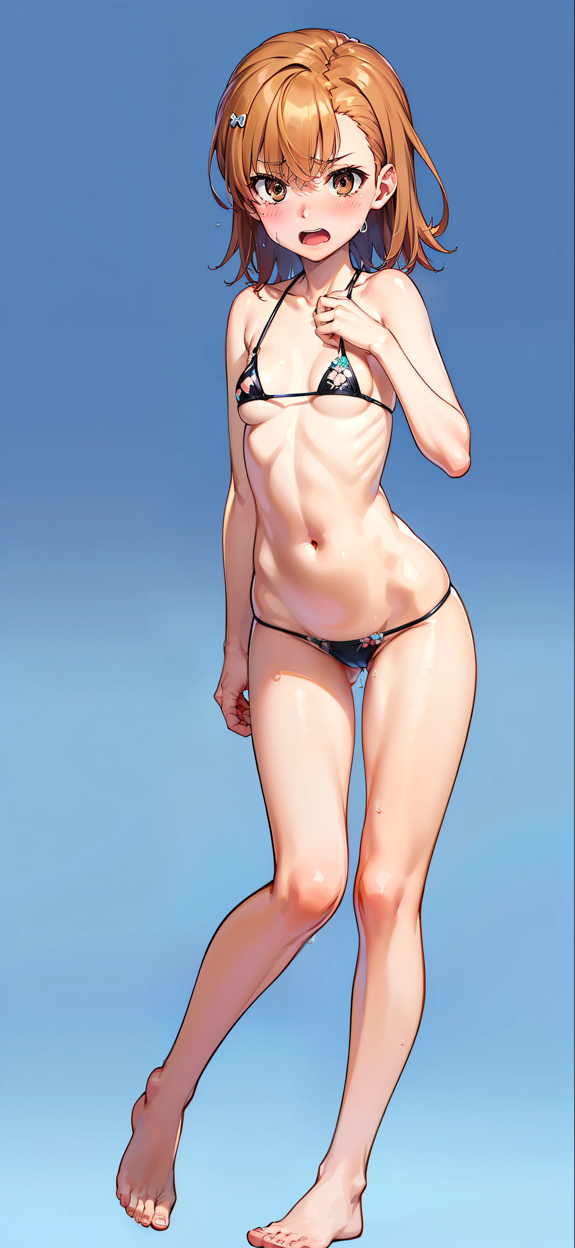 Smooth anime CG art、Focus Only、1 girl、Front view、(((All naked)))、((Full nudity))、naked、(((Small breasts)))、(((brown eyes)))、(((sweat)))、Semi-short hair、(((Sweaty)))、Watery eye、blush、(((Embarrassed look)))、((Open your mouth))、(((standing)))、(((simple background)))、(((fullbody shot)))、(((micro bikini)))