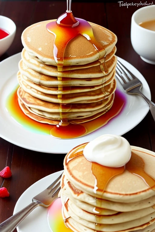 delicious pancakes，Freshly made，The best recipes from top chefs，Rainbow colored syrup on pancakes．