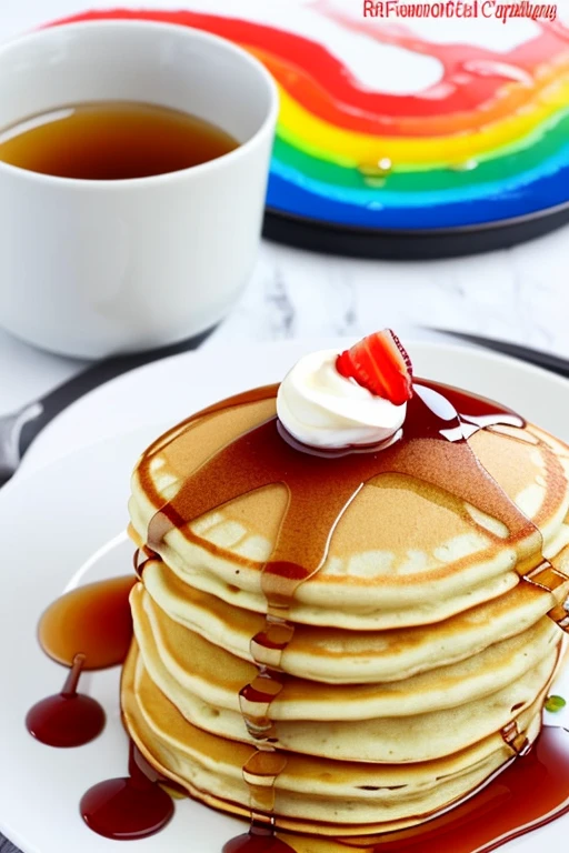 delicious pancakes，Freshly made，The best recipes from top chefs，Rainbow colored syrup on pancakes．