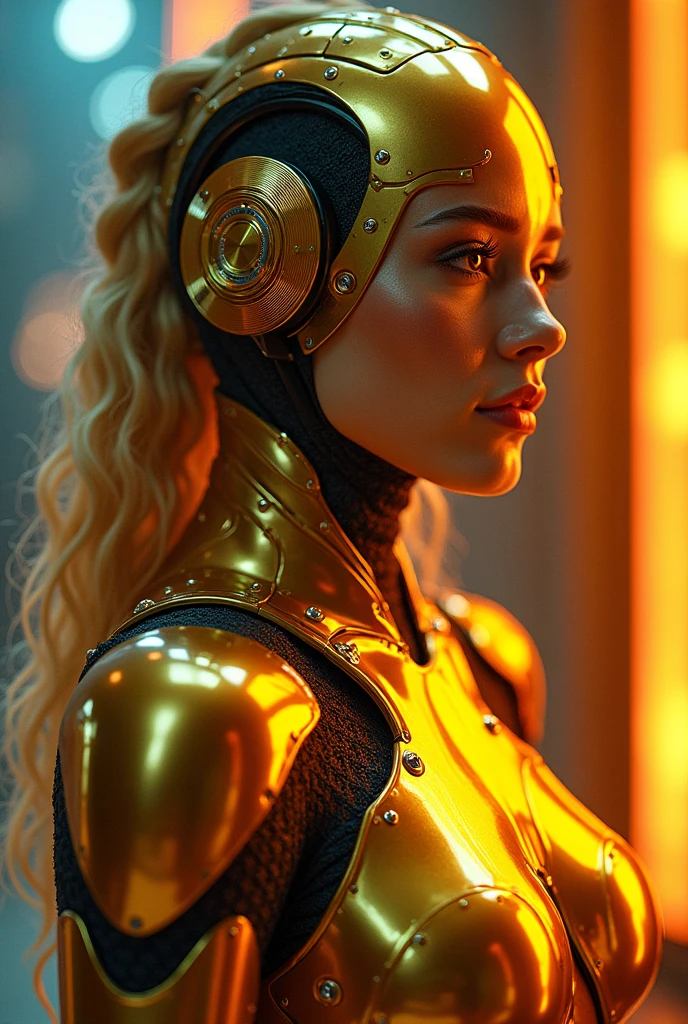 Sci-fi, cyberpunk, neon, near-future, dystopia, A beautiful woman wearing a full-face mechanical powered suit that shines dazzlingly with a golden metallic sheen from head to toe.
