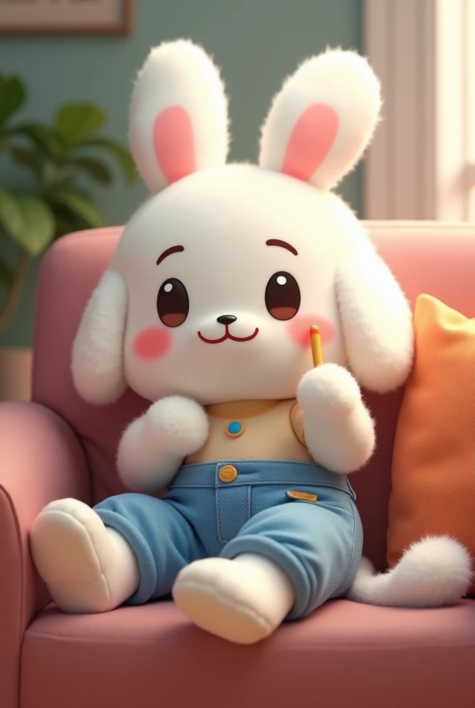 cinnamoroll siting on a sofa holding pen wearing baggy jeans and crop top winking