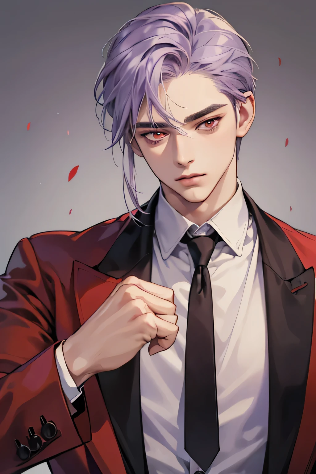 masterpiece, best quality, realistic, man, mature male, quiet and charming young man, 25 years old, red eyes, serious, eyeglass, closed mouth, extremely detailed face, cold,, ((short-right-swept lavender hair)), [thick eyebrows], (mafia prince), ((red suit)), accurate, detailed