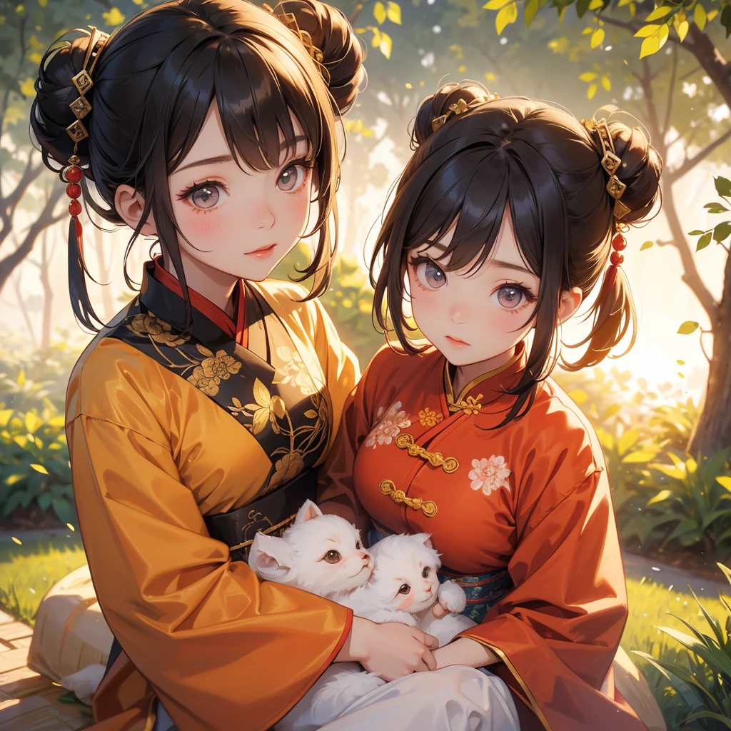 Chibi girl, A cute chibi girl with two buns, wearing ancient Chinese clothing, sitting on the lap of her handsome older brother in ancient Chinese clothing, in the garden, sunlight on her face, bright face, sunrise, close-up.