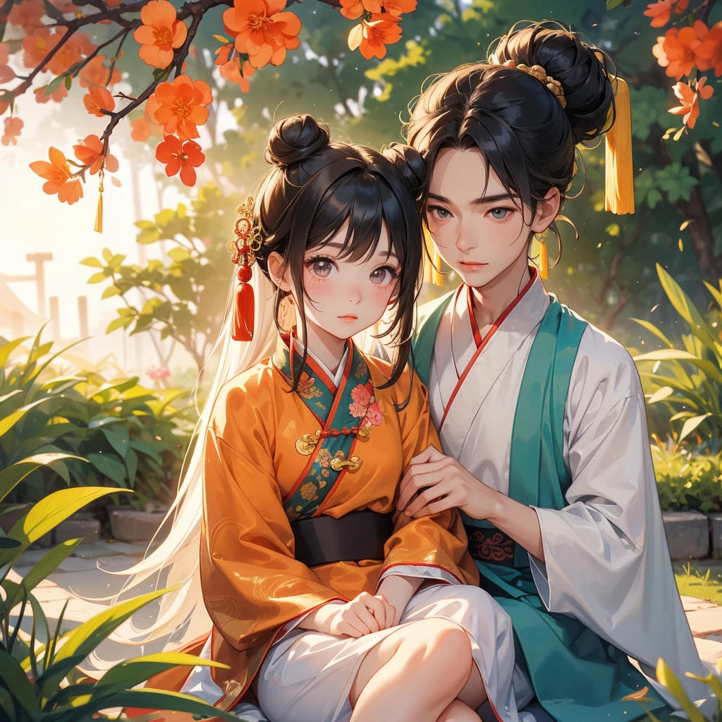 Chibi girl, A cute chibi girl with two buns, wearing ancient Chinese clothing, sitting on the lap of her handsome older brother in ancient Chinese clothing, in the garden, sunlight on her face, bright face, sunrise, close-up.