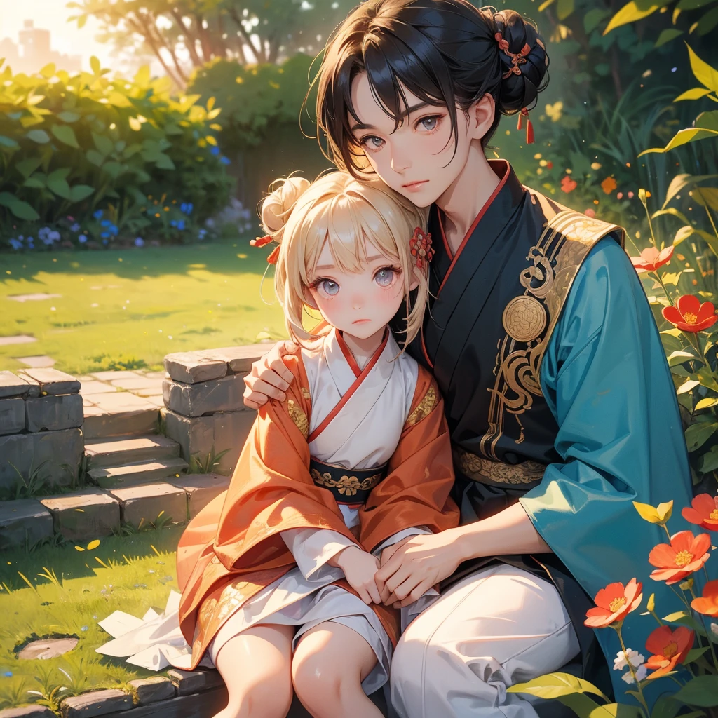 Chibi girl, A cute chibi girl with two buns, wearing ancient Chinese clothing, sitting on the lap of her handsome older brother in ancient Chinese clothing, in the garden, sunlight on her face, bright face, sunrise, close-up.