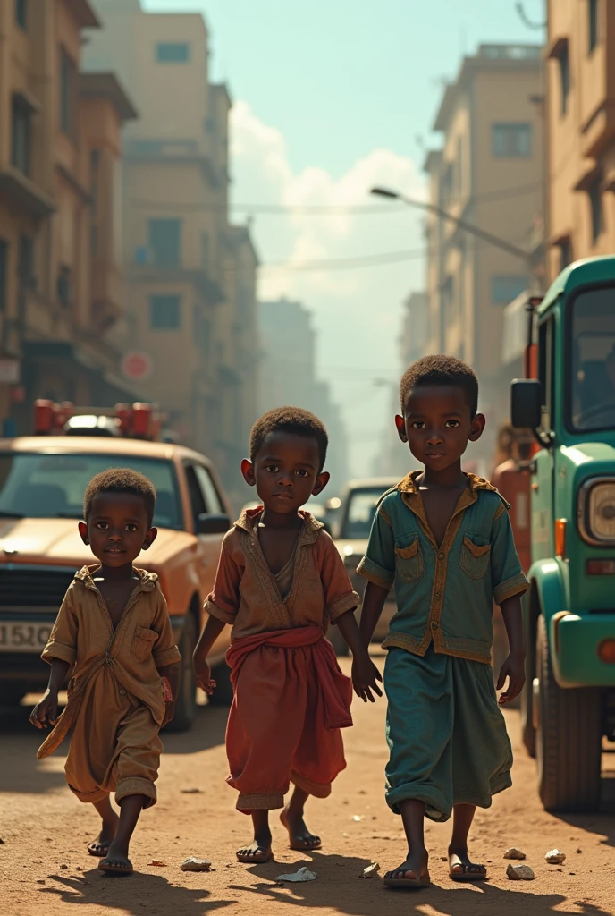 Almajiri kids survive on street with traffic background