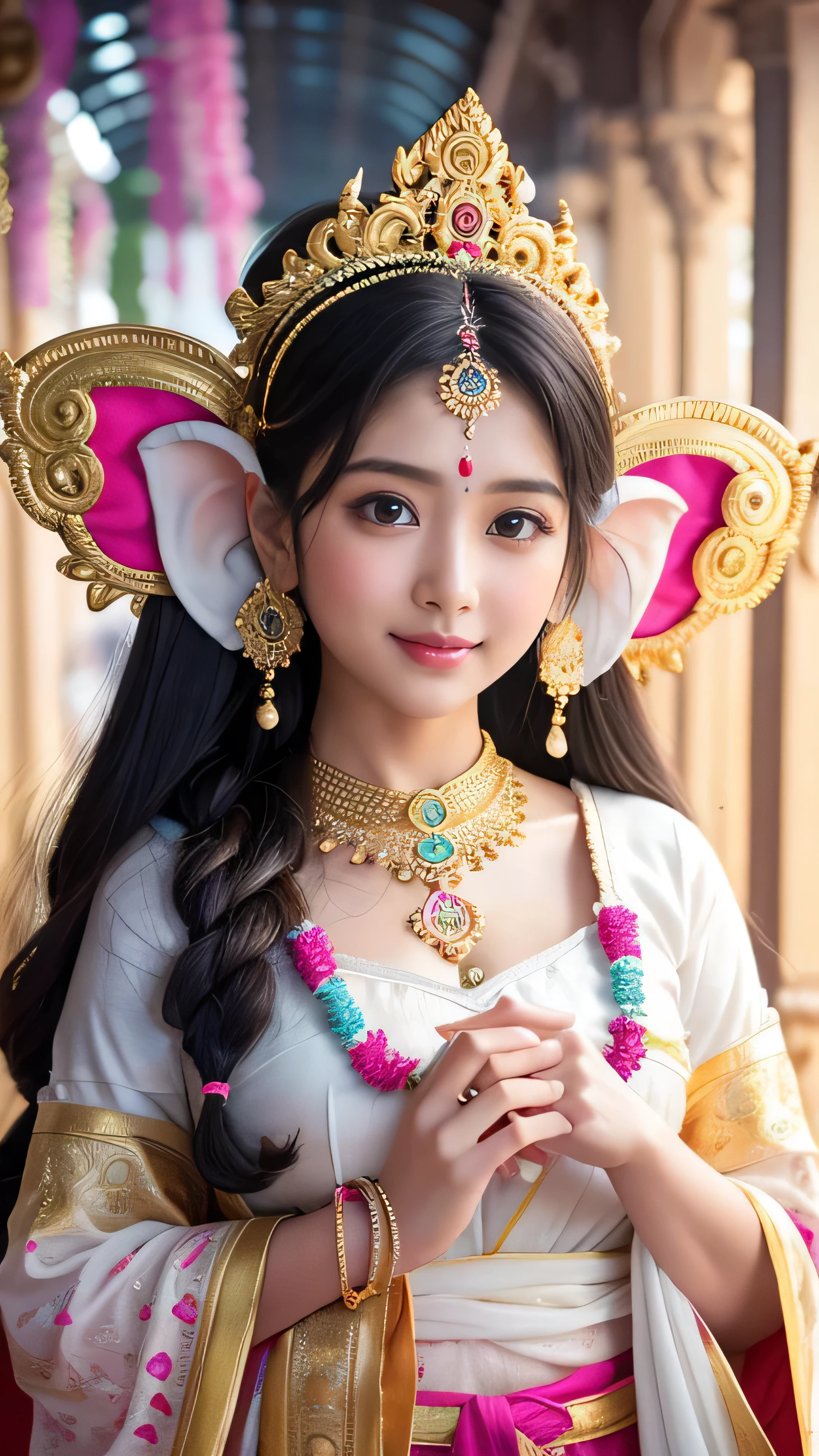 **Prompt:** Create an ultra-realistic depiction of a fully anthropomorphized Ganesha, reimagined as the ultimate moe character while retaining key features of the deity. She has large, expressive eyes filled with warmth and kindness, and her skin is a soft, gentle shade reminiscent of Ganesha's traditional complexion. Her hair is long and flowing, adorned with small, delicate flowers that symbolize divinity. She has a small, decorative elephant trunk that blends seamlessly with her cute, youthful face. Her ears are slightly larger and pointed, giving her a whimsical, endearing appearance. She is dressed in a traditional yet kawaii-inspired outfit, featuring bright colors, intricate patterns, and soft fabrics that emphasize her adorable nature. She exudes a sweet, innocent charm, radiating both divine energy and an irresistible cuteness.
