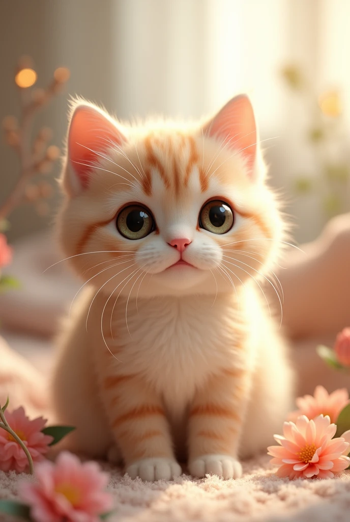 Cute cat woth braod face and innocence in expressions with big eyes and an aestheric background where he sit