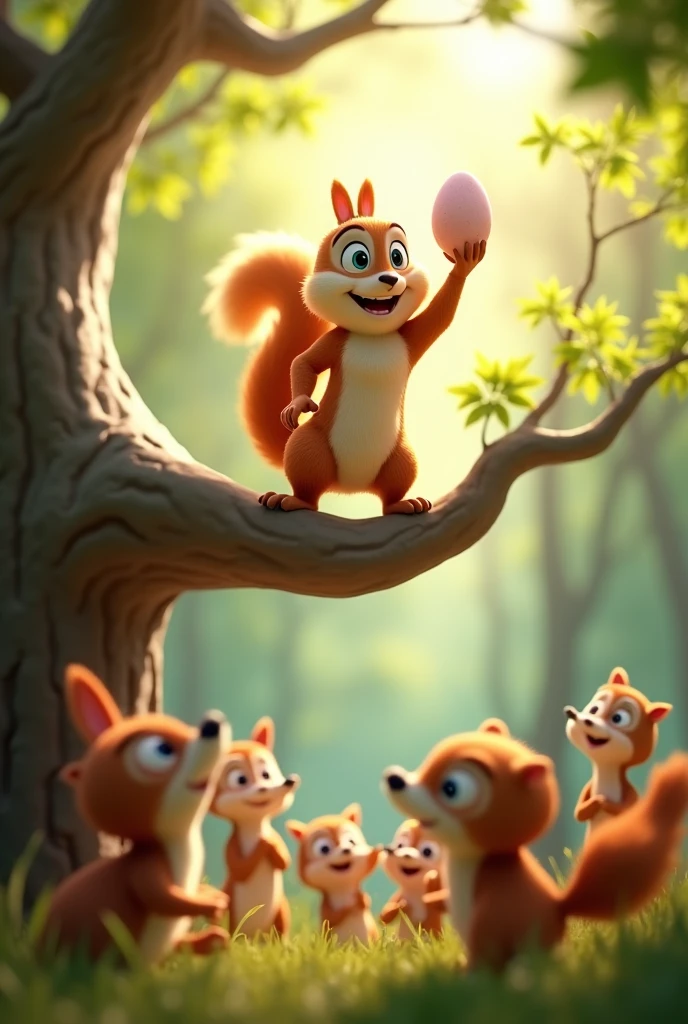 at cinematic 3D cartoon style "After saving the egg, Nutty stands proudly on a tree branch, looking down at the gathered animals below, who are cheering for him. The forest is now calm, with sunlight gently illuminating the scene. Ollie, the owl, looks grateful from her nest, and Nutty’s expression shows that he has overcome his fear, feeling proud and brave."