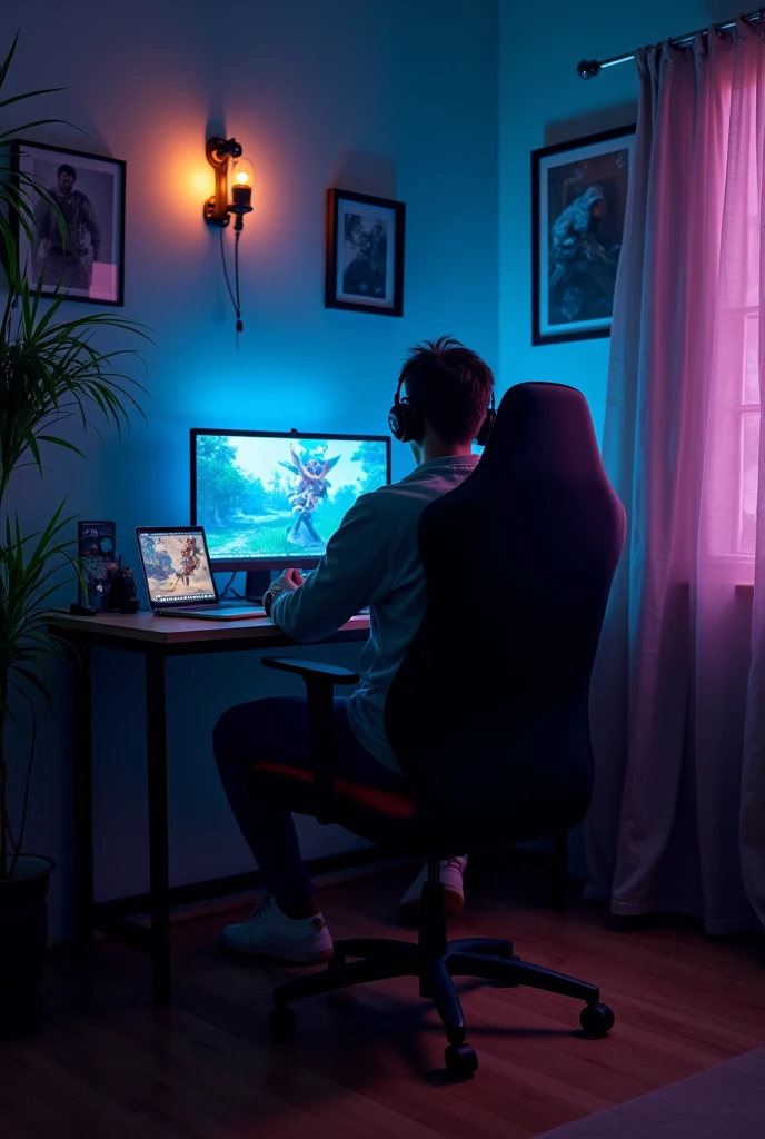 Gamer, sitting on a chair in his room with his pc on
