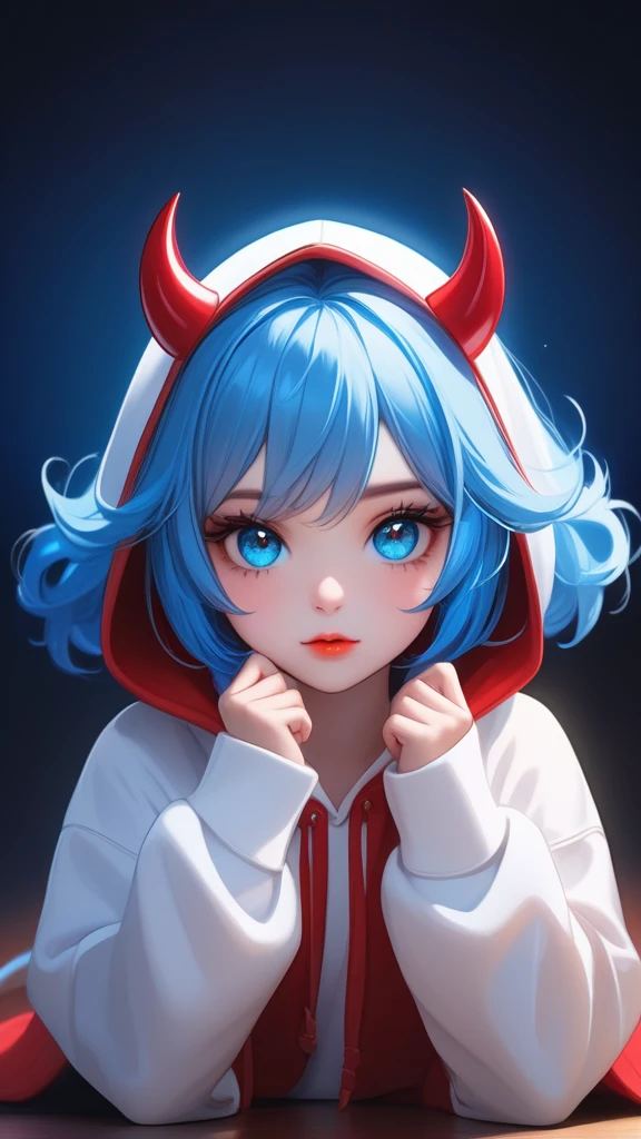 A highly detailed 1girl, beautiful detailed eyes, beautiful detailed lips, devil wigs , detailed eyes and face, long eyelashes, cute expression, 6 year girl, big size white hodie, sit pose, blue ayes glow, blue hair, shortcuts,studio lighting,concept art