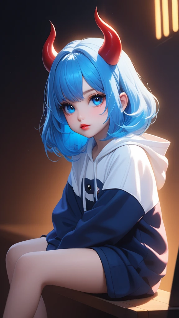 A highly detailed  1girl, beautiful detailed eyes, beautiful detailed lips, devil wigs , detailed eyes and face, long eyelashes, cute expression, 6 year girl, big size  white hodie, sit pose, blue ayes glow, blue hair, shortcuts,studio lighting,concept art