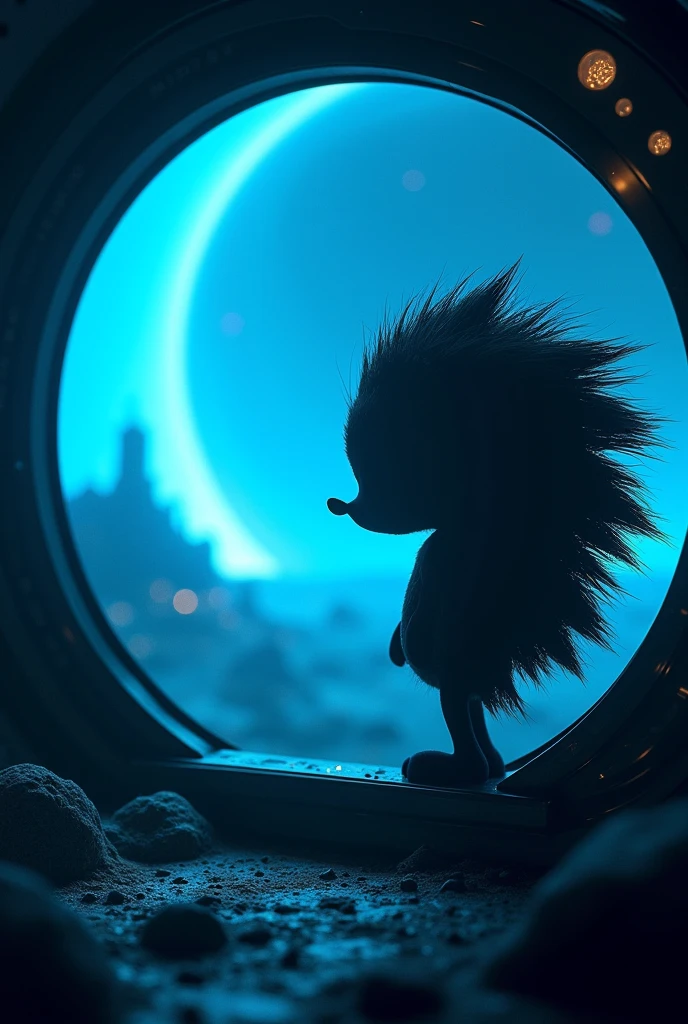 Silhouette of a hedgehog inside a ship leaving a futuristic blue planet