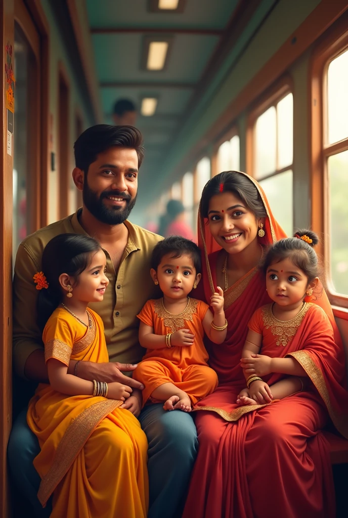 A Indian family " father, mother grand mother, sister, brother, and a baby" travel in a train in general bhogi, wearing a indian traditional dress, happy family 