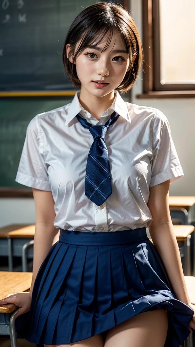 (Realistic:1.4), Highest quality, masterpiece, RAW32K Photo, (Very detailed beautiful Japanese girls), (Very fine particles:1.2), (Baby Face),(Cute Face:1.2), Very detailed, Ultra-high resolution, wonderful, BREAK,
(school uniform:1.5), Detailed school girl, (Bright classroom 1.3、Moody light), Beautiful detailed girl, bionde、Cute Face, mini skirt,(thigh)、(She lifted her skirt to reveal her white panties.)、((Short Hair))