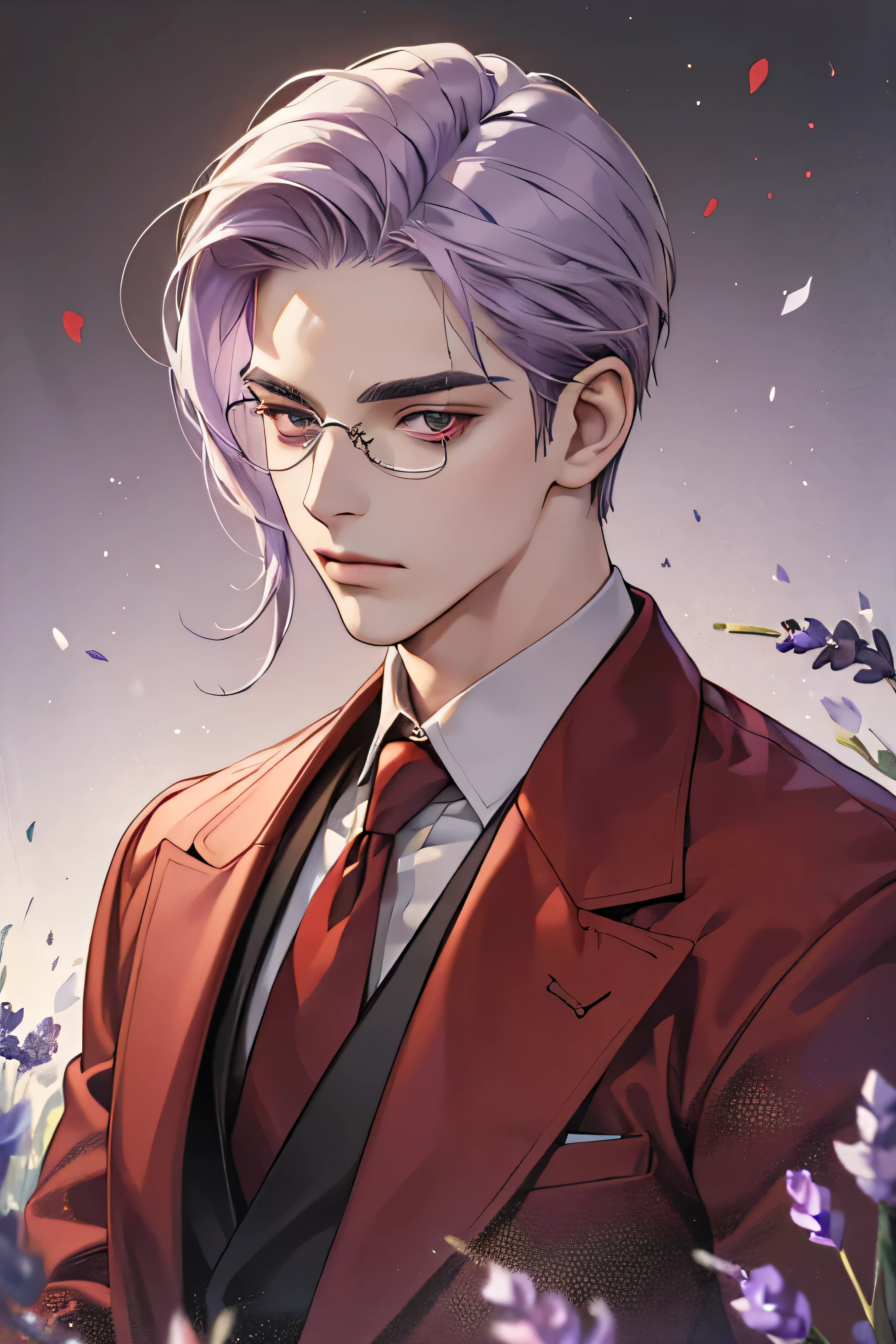 masterpiece, best quality, realistic, man, mature male, quiet and charming young man, 25 years old, red eyes, serious, eyeglass, closed mouth, extremely detailed face, cold,, ((short-right-swept lavender hair)), [thick eyebrows], (mafia prince), ((red suit)), accurate, detailed