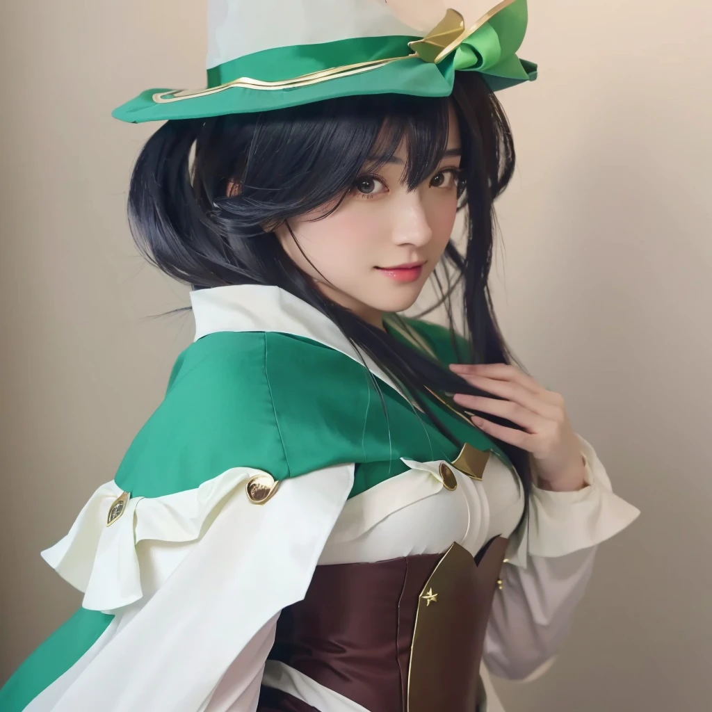 Close-up of a woman wearing a green hat and green skirt, anime role play, anime girl role play, aqua from konosuba, professional role play, role play, role play photo, Lucina from Fire Emblem, 2d anime, 《Genshin Impact》Wendy, Anime girls in real life, realistic role play, role player, full-role play, ayaka role play