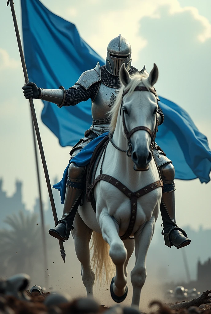 realistic, 4K, fantasy knight in silver armor riding a white horse., in one hand a spear at the ready in the other hand a blue banner fluttering in the wind, against the backdrop of war (chaos), in the background lie decayed corpses, he jumps into the frame, dynamics, aggressive knight, the picture is scary, the knight radiates death