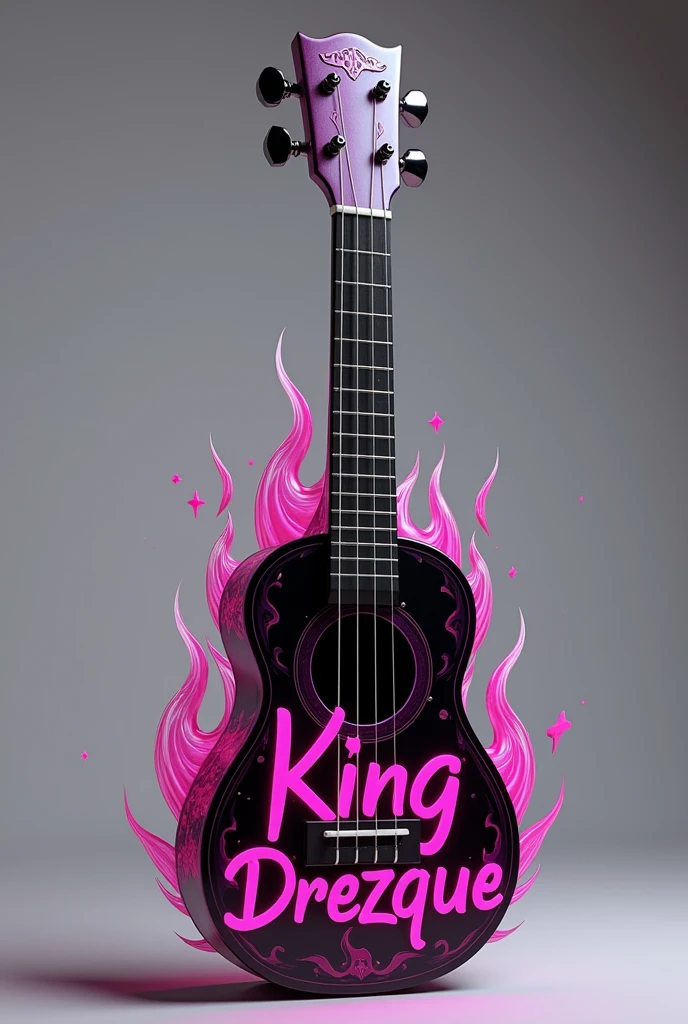 Black ukulele with fuchsia flame design with king drezque graffiti font
